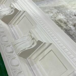 Our A148 Georgian style cornice fresh from the mould! This profile features acanthus leaves, egg & dart patterns and corbel blocking. 

#allplasta #silvercornices #tdplastering #georgian #acanthusleaf #corbelblocks #corbel #egganddart #cornice #madetoorder #handmade #quality #plaster #mould